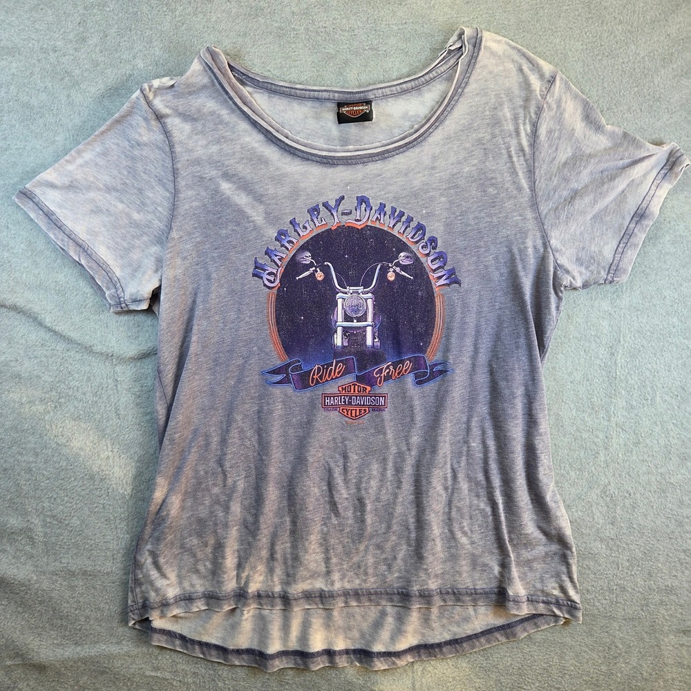 Harley-Davidson Graphic T-Shirt Women Large Purple Acid Wash Ride Free Biker Tee